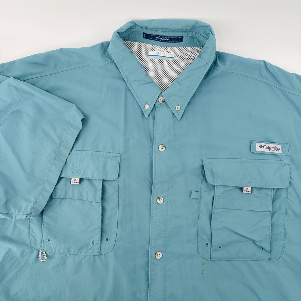 Columbia PFG Mens 3XT Bahama II Short Sleeve Fishing Shirt Teal Blue Preformance